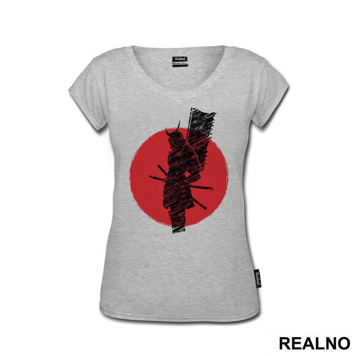 Red Moon Samurai Silhouette With Flag - Majica