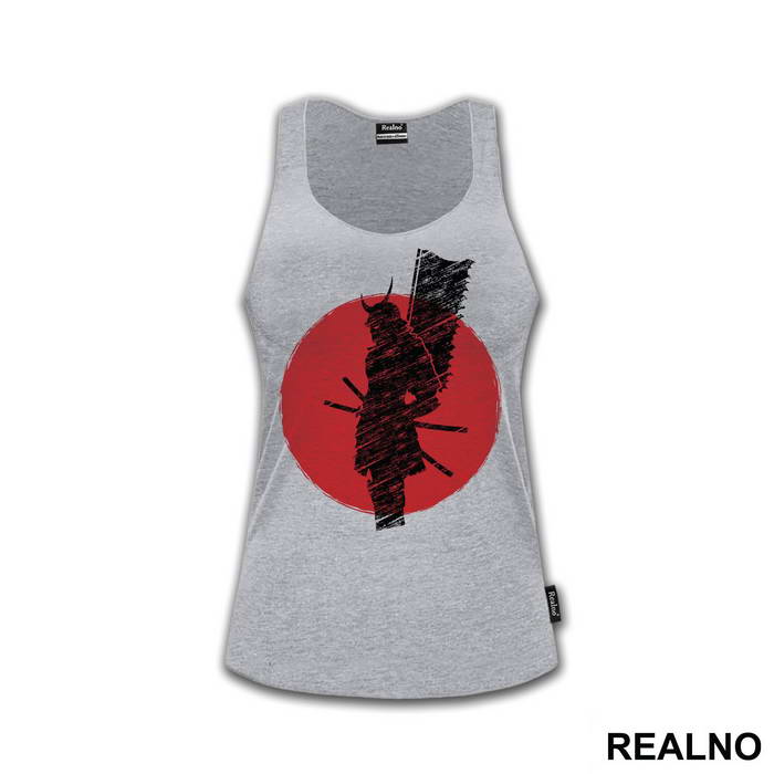 Red Moon Samurai Silhouette With Flag - Majica