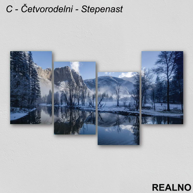 Planinska reka i planine pod snegom - Slika na platnu - Kanvas