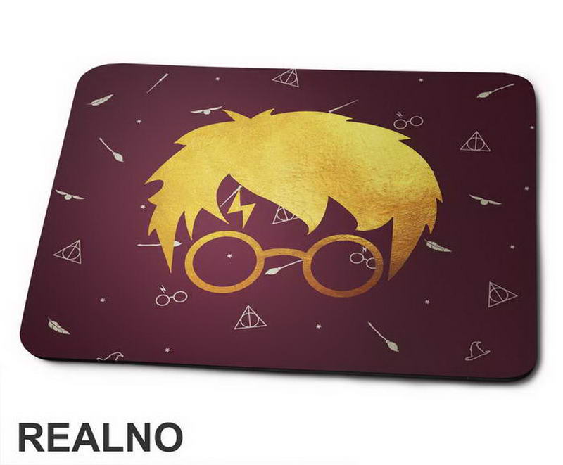 Scar And Glasses - Gold With Background Symbols - Harry Potter - Podloga za miš