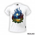 Šuma I Šator U Obliku Vatre - Uljani Crtež - Planinarenje - Kampovanje - Priroda - Nature - Majica