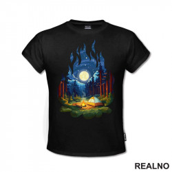 Šuma I Šator U Obliku Vatre - Uljani Crtež - Planinarenje - Kampovanje - Priroda - Nature - Majica