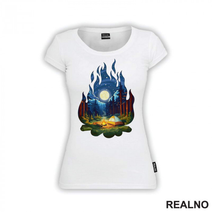Šuma I Šator U Obliku Vatre - Uljani Crtež - Planinarenje - Kampovanje - Priroda - Nature - Majica