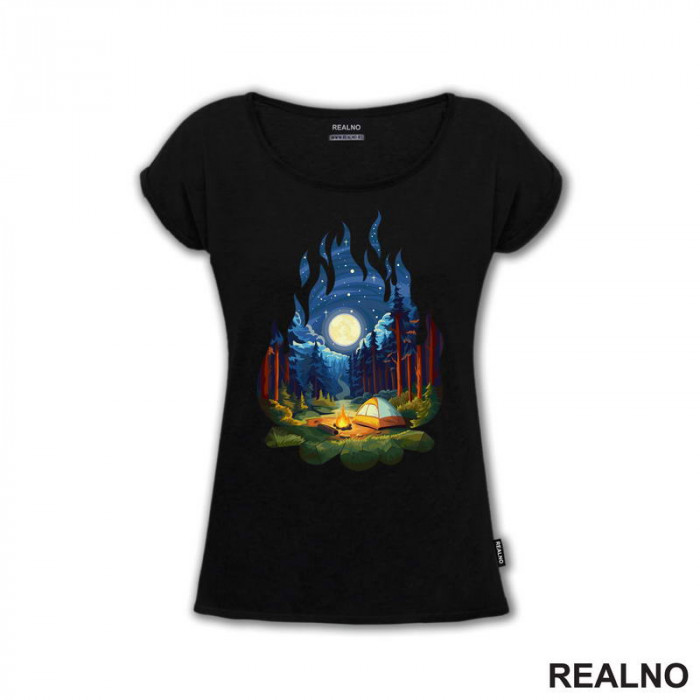 Šuma I Šator U Obliku Vatre - Uljani Crtež - Planinarenje - Kampovanje - Priroda - Nature - Majica
