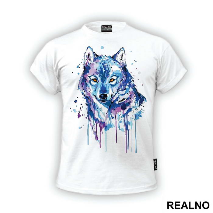 Blue And Purple Wolf Watercolor Painting - Životinje - Majica