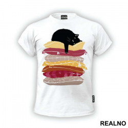 Black Cat Sleeping On Pillows - Mačke - Životinje - Majica