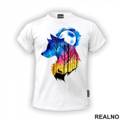 Wolf And Moon Watercolor Painting - Colors - Vuk - Životinje - Majica