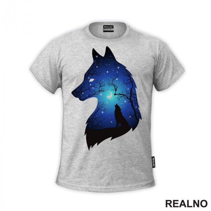 Silhuette Of Wolf Moon And Stars - Vuk - Životinje - Majica