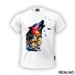 Colored Silhuette Wolf With Stag - Vuk - Životinje - Majica