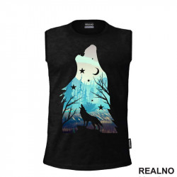 Colored Silhuette Of A Wolf Howling At The Moon In The Forest - Vuk - Životinje - Majica