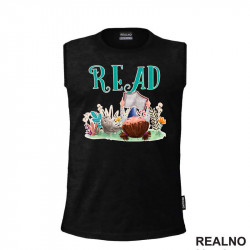 Girl And Cat Reading - Grass And Flowers - Books - Čitanje - Knjige - Majica