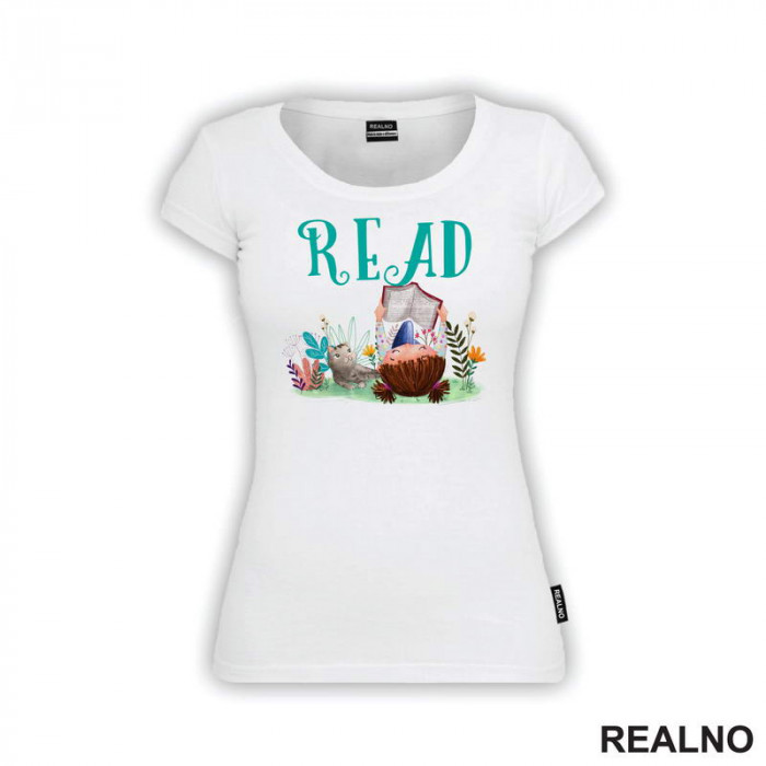 Girl And Cat Reading - Grass And Flowers - Books - Čitanje - Knjige - Majica