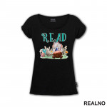 Girl And Cat Reading - Grass And Flowers - Books - Čitanje - Knjige - Majica