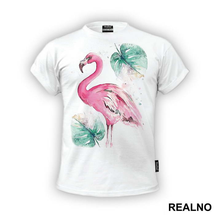 Pink Flamingo And Tropical Leaves- Art - Majica