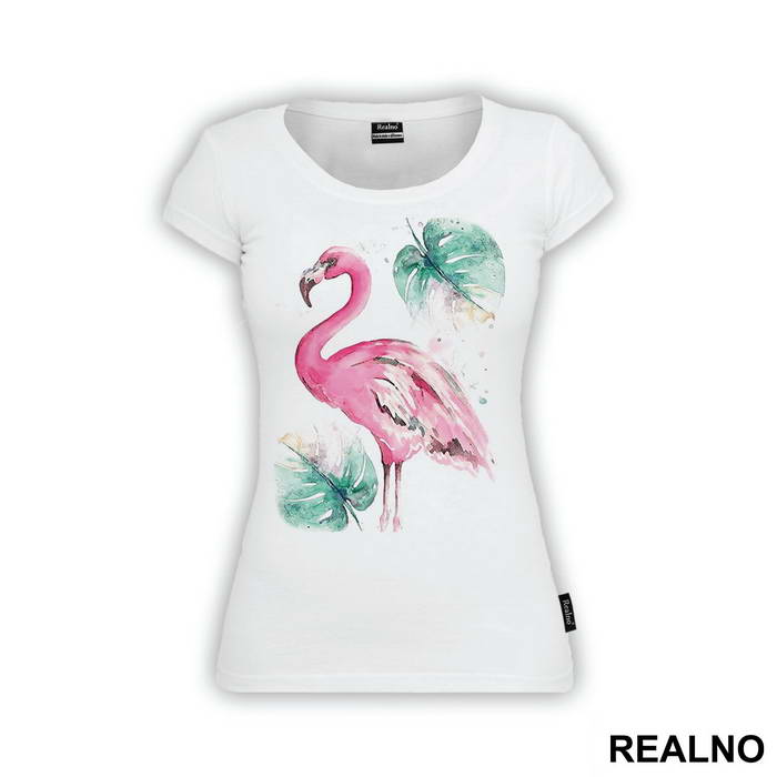 Pink Flamingo And Tropical Leaves- Art - Majica