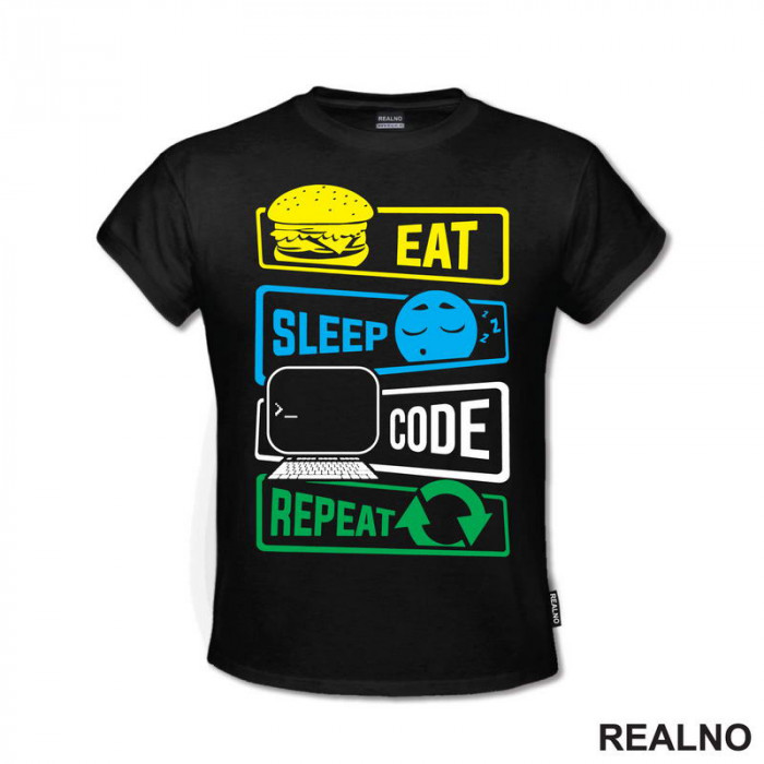 Eat, Sleep, Code, Repeat - Colors - Geek - Majica