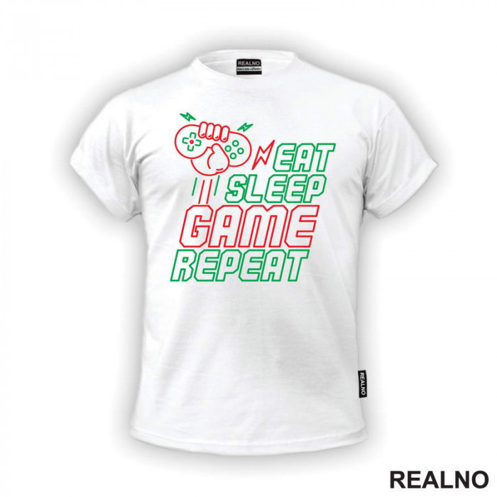 Eat, Sleep, Game, Repeat - Green And Red - Geek - Majica