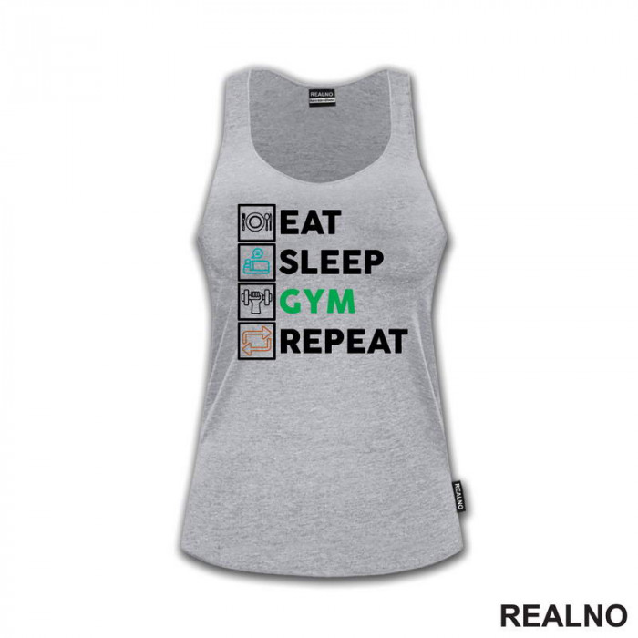 Eat, Sleep, Gym, Repeat - Green, Orange And Blue Symbols - Trening - Majica