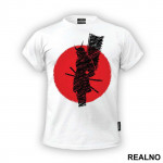 Red Moon Samurai Silhouette With Flag - Majica