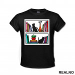 Cat And Books On The Shelf - Books - Čitanje - Knjige - Majica