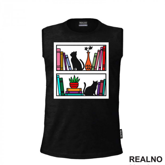 Cat And Books On The Shelf - Books - Čitanje - Knjige - Majica