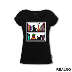 Cat And Books On The Shelf - Books - Čitanje - Knjige - Majica