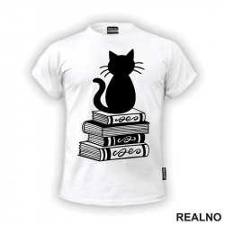 Cat And Books - Illustration - Books - Čitanje - Knjige - Majica