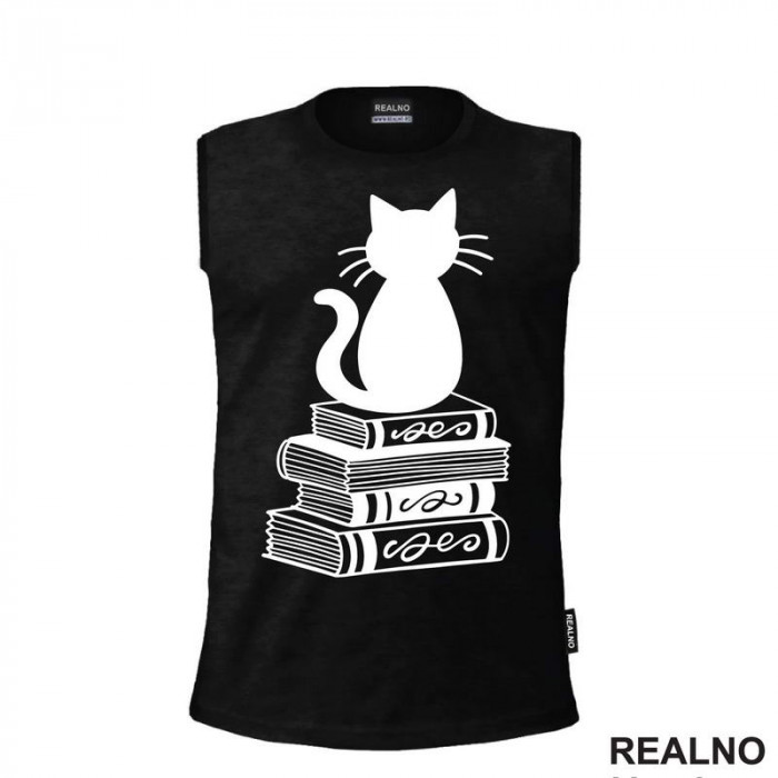 Cat And Books - Illustration - Books - Čitanje - Knjige - Majica