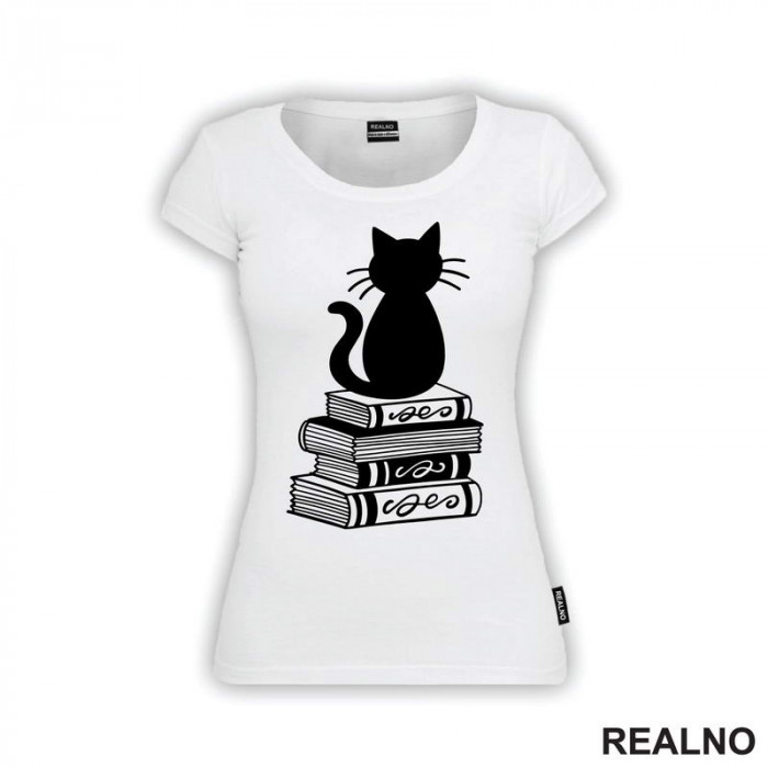 Cat And Books - Illustration - Books - Čitanje - Knjige - Majica