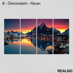 Grad i snežne planine pod narandžastim nebom - Slika na platnu - Kanvas