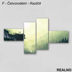 Vodopad i put u tamnoj šumi pod zelenenom maglom - Slika na platnu - Kanvas Vodopad i put u tamnoj šumi pod zelenenom maglom - Slika na platnu - Kanvas