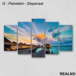 Kućice na obali tirkiznog mora pod šarenim nebom - Slika na platnu - Kanvas Kućice na obali tirkiznog mora pod šarenim nebom - Slika na platnu - Kanvas