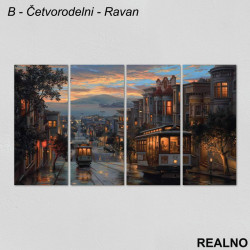 Gradski prevoz, more, planine iznad narandžastih oblaka - Slika na platnu - Kanvas