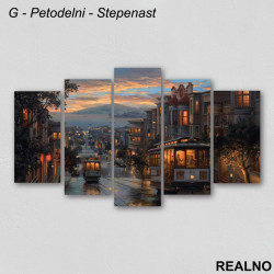 Gradski prevoz, more, planine iznad narandžastih oblaka - Slika na platnu - Kanvas