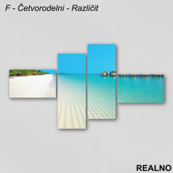 Beli pesak, more, kućice na vodi, ostrvo - Slika na platnu - Kanvas