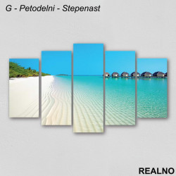 Beli pesak, more, kućice na vodi, ostrvo - Slika na platnu - Kanvas