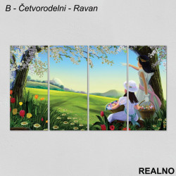 Devojčice sa korpom uskršnjih jaja na livadi - Slika na platnu - Kanvas