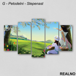 Devojčice sa korpom uskršnjih jaja na livadi - Slika na platnu - Kanvas