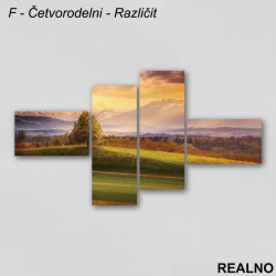 Livada, planine prekrivene snegom iznad narandžastih oblaka - Slika na platnu - Kanvas Livada, planine prekrivene snegom iznad narandžastih oblaka - Slika na platnu - Kanvas