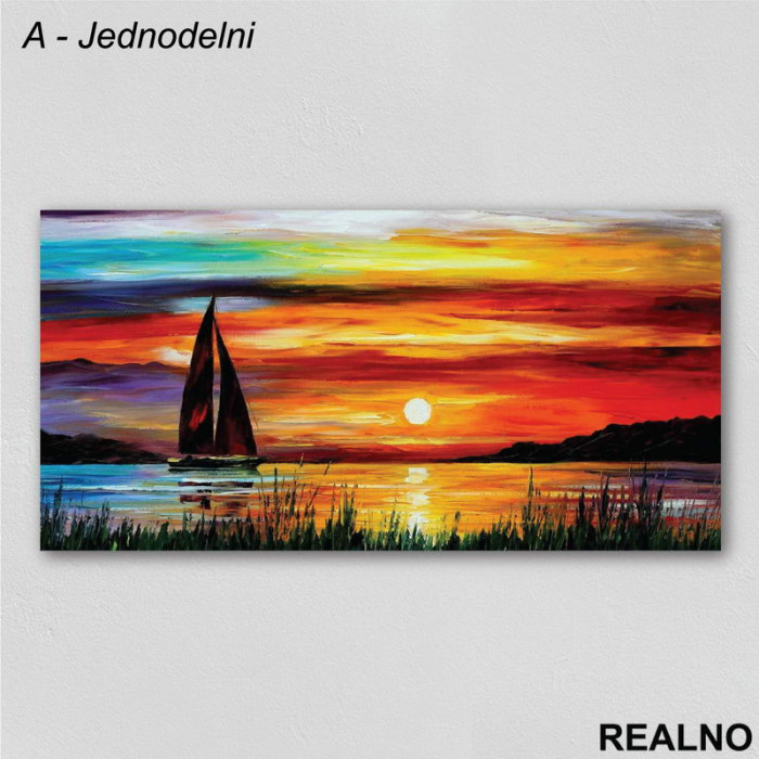 Jedrilica, more, zalazak sunca, sareno nebo - Uljane boje - Slika na platnu - Kanvas