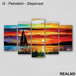 Jedrilica, more, zalazak sunca, sareno nebo - Uljane boje - Slika na platnu - Kanvas