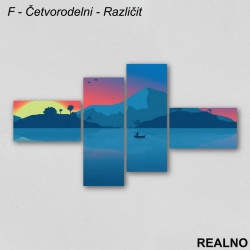 Reka, plave planine, kućica na vrhu, sunce - Slika na platnu - Kanvas Reka, plave planine, kućica na vrhu, sunce - Slika na platnu - Kanvas