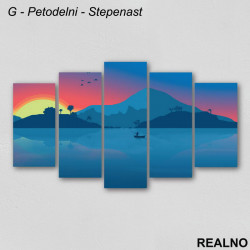 Reka, plave planine, kućica na vrhu, sunce - Slika na platnu - Kanvas Reka, plave planine, kućica na vrhu, sunce - Slika na platnu - Kanvas