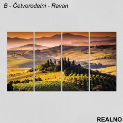 Zeleni pašnjaci, planine i narandžasto nebo - Slika na platnu - Kanvas Zeleni pašnjaci, planine i narandžasto nebo - Slika na platnu - Kanvas