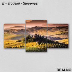 Zeleni pašnjaci, planine i narandžasto nebo - Slika na platnu - Kanvas Zeleni pašnjaci, planine i narandžasto nebo - Slika na platnu - Kanvas