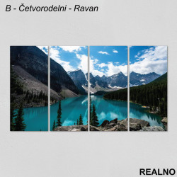 Tirkizna reka, šume, planine pod snegom - Slika na platnu - Kanvas Tirkizna reka, šume, planine pod snegom - Slika na platnu - Kanvas