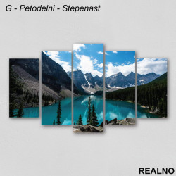 Tirkizna reka, šume, planine pod snegom - Slika na platnu - Kanvas Tirkizna reka, šume, planine pod snegom - Slika na platnu - Kanvas