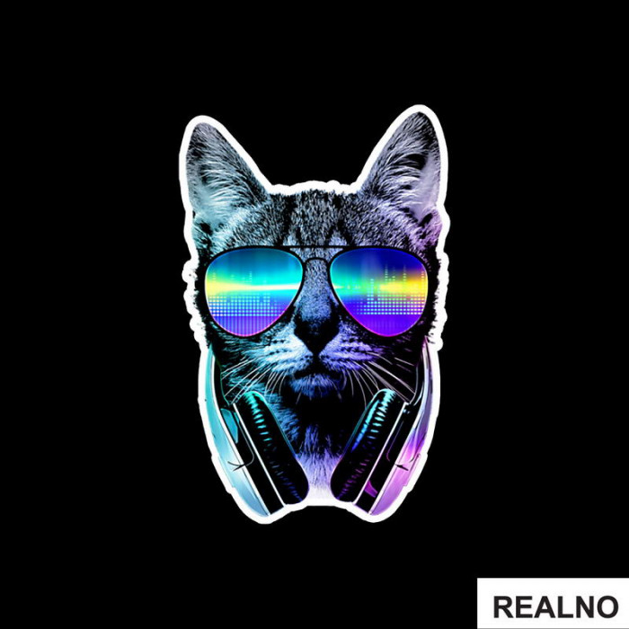 Cat With Headphones And Glasses - Životinje - Nalepnica
