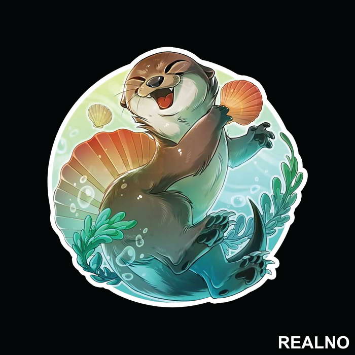 Otter Holding A Clam Shell - Životinje - Nalepnica