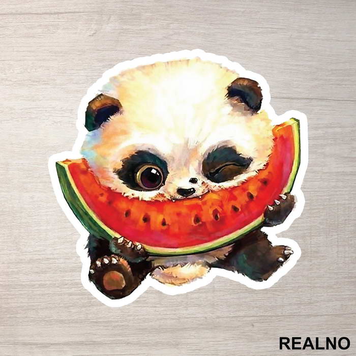 Baby Panda Eating A Slice Of Watermelon - Životinje - Nalepnica